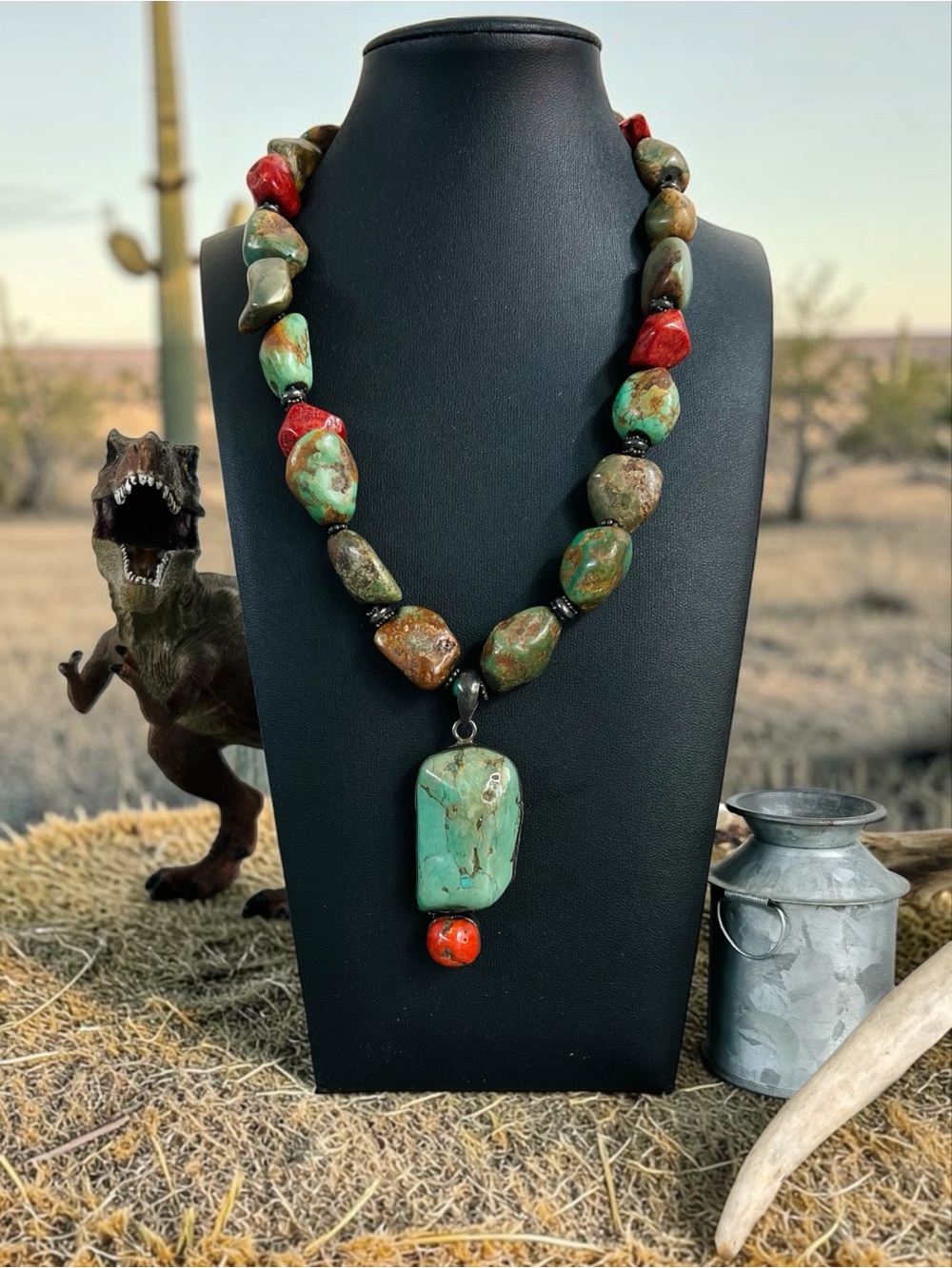 Paige Wallace for Marushka Sterling Coral Turquoise Pendant Necklace 19in